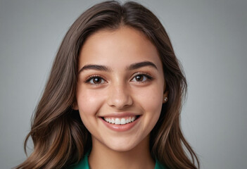Naklejka premium Portrait view of a regular happy smiling Algeria girl, ultra realistic, candid, social media, avatar image, plain solid background