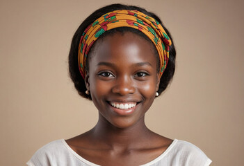 Portrait view of a regular happy smiling Burkina Faso girl, ultra realistic, candid, social media, avatar image, plain solid background