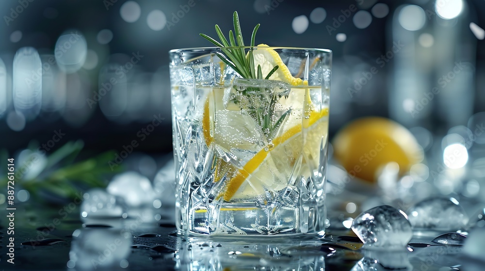 Poster gintonic cocktail with ice lemon slices and rosemary refreshing drink on a dark background copy spac