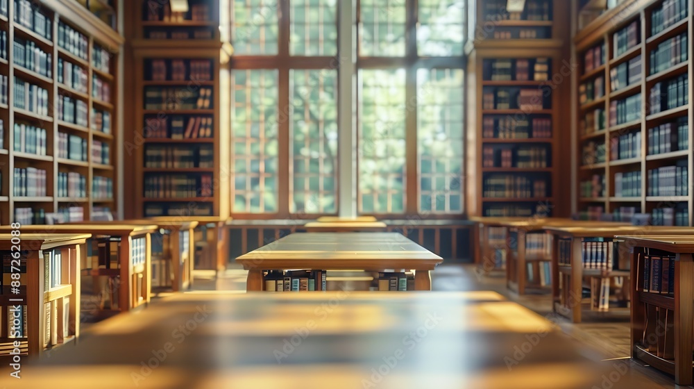 Poster abstract blurred empty college library interior space blurry classroom with bookshelves by defocused