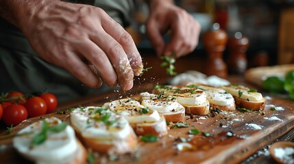 man ground spices on mozzarella on baguette slices on olive wood board wide photo : Generative AI