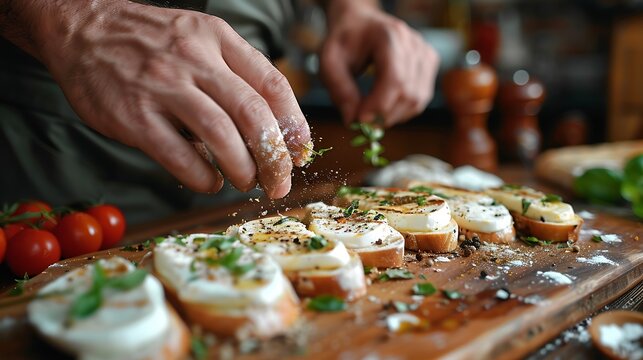 man ground spices on mozzarella on baguette slices on olive wood board wide photo : Generative AI