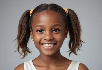 Portrait view of a regular happy smiling Guinea girl, ultra realistic, candid, social media, avatar image, plain solid background