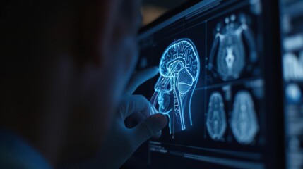 Obraz premium A physician uses a holographic interface for accurate diagnosis, futuristic with hologram, with copy space