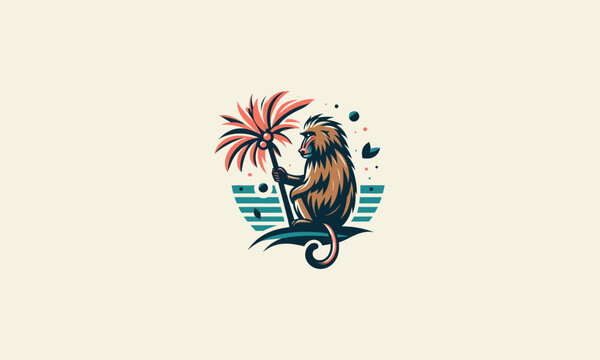baboon with palm on beach vector logo design