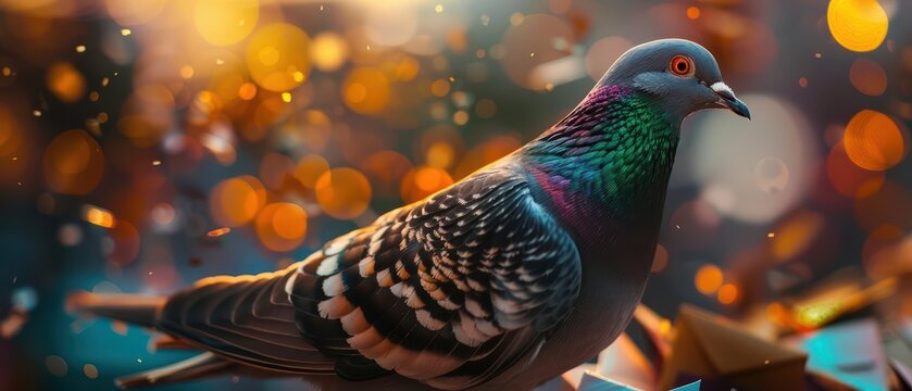 A pigeon dressed as a postman is delivering magical letters in an ethereal city