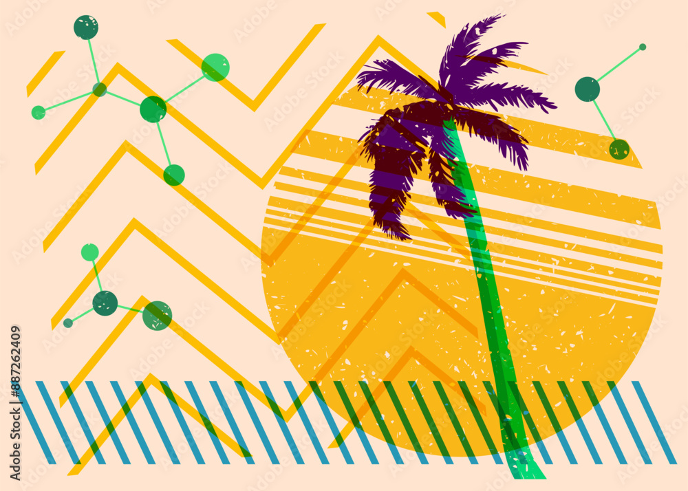 Poster risograph palm tree with geometric shapes. objects in trendy riso graph print texture style design w