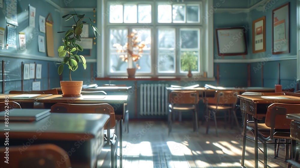 Aufkleber interior of empty classroom with copybook on desk : generative ai