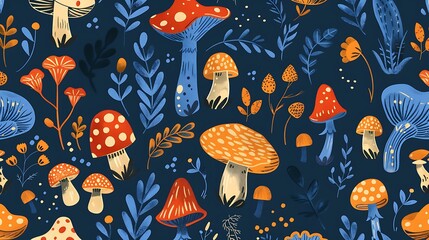 Vibrant Mushroom and Floral Pattern