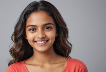 Fototapeta premium Portrait view of a regular happy smiling Mauritius girl, ultra realistic, candid, social media, avatar image, plain solid background