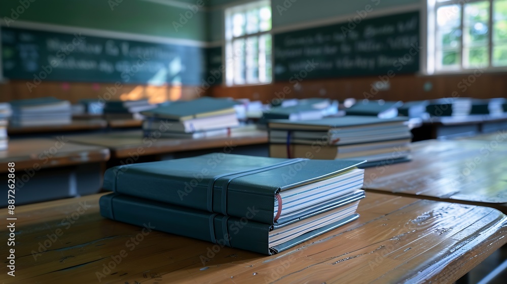 Aufkleber Stack of notebooks on wooden desk in empty classroom : Generative AI
