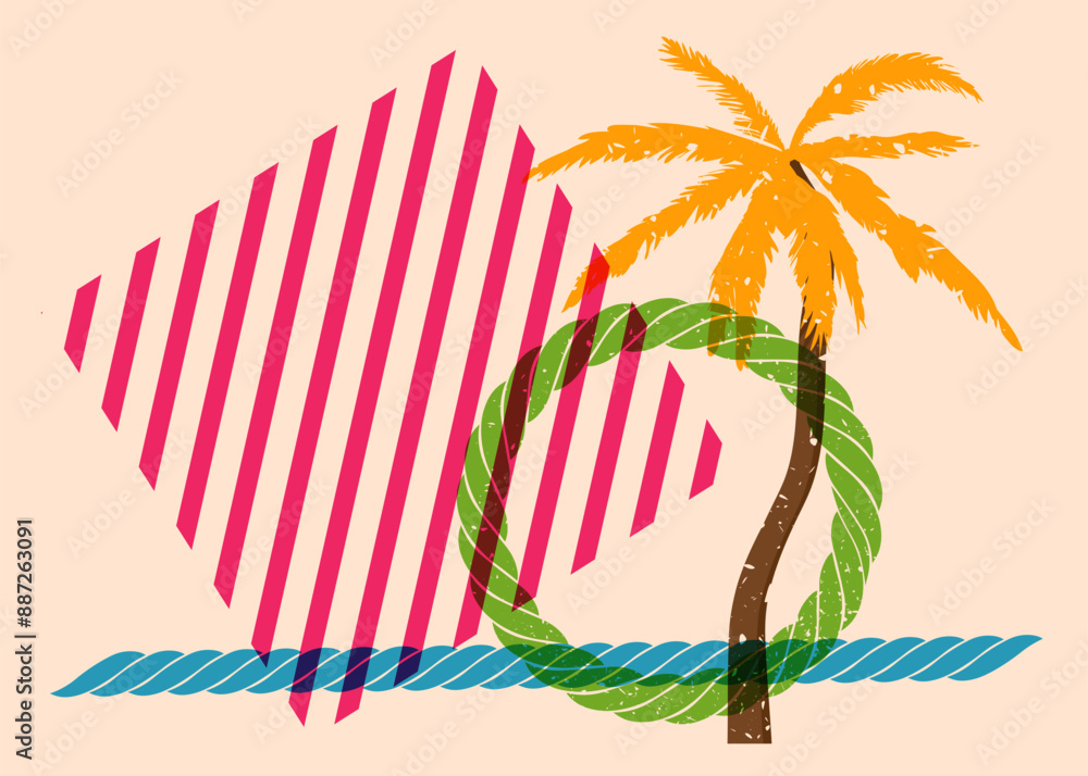 Poster risograph palm tree with geometric shapes. objects in trendy riso graph print texture style design w