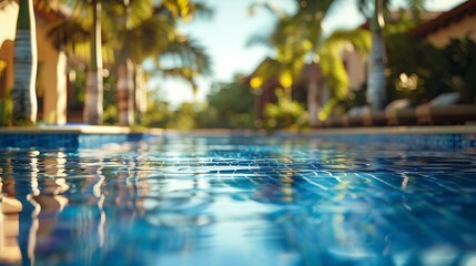 Pool Water Reflection Palm Trees Show Tropical Resort Hotel Villa : Generative AI