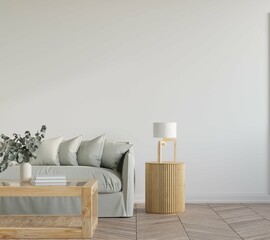 Blank wall mock up in cozy living room interior background, modern Scandinavian style, 3D render
