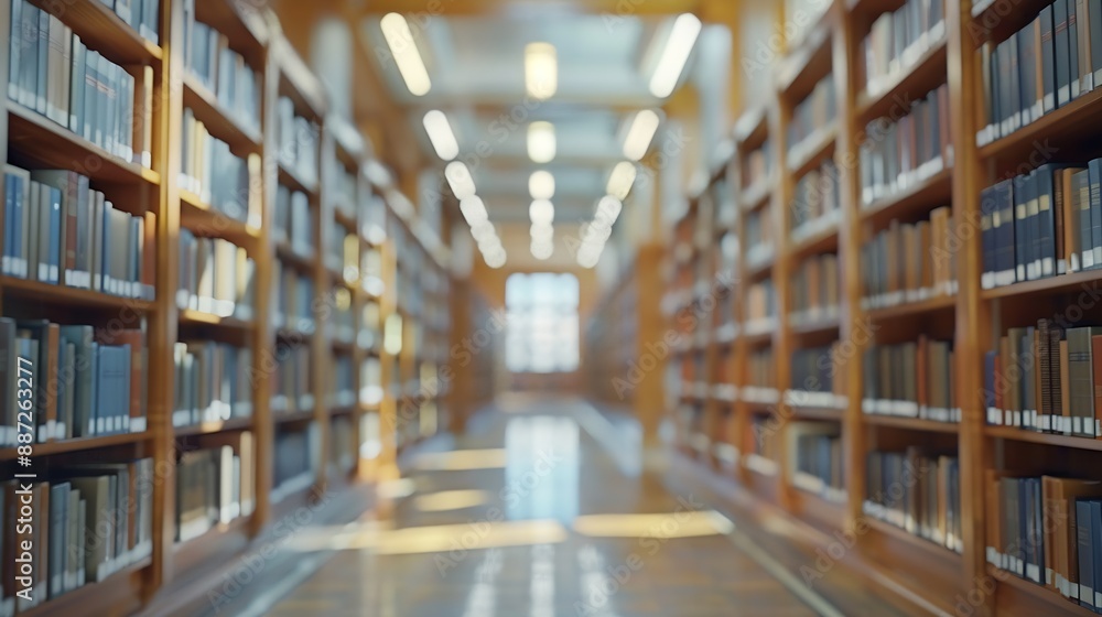 Poster abstract blurred public library interior space blurry room with bookshelves by defocused effect use 