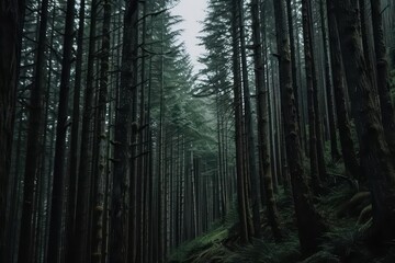 Obraz premium A supernatural scene where hemlock trees stand tall and ancient, their presence exuding a dark, powerful magic that both fascinates and warns all who approach