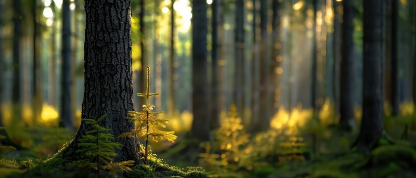 A supernatural scene where larch trees are draped in golden
