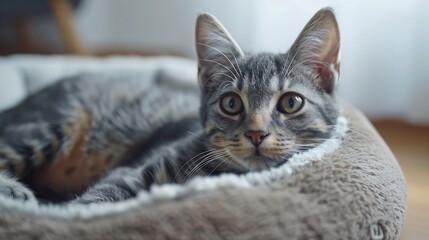 Naklejka premium Cute cat lying in pet bed at home : Generative AI