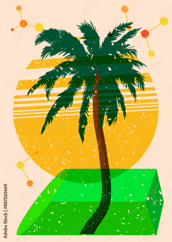 Poster risograph palm tree with geometric shapes. objects in trendy riso graph print texture style design w