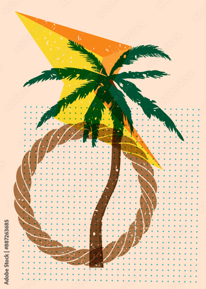 Poster risograph palm tree with geometric shapes. objects in trendy riso graph print texture style design w