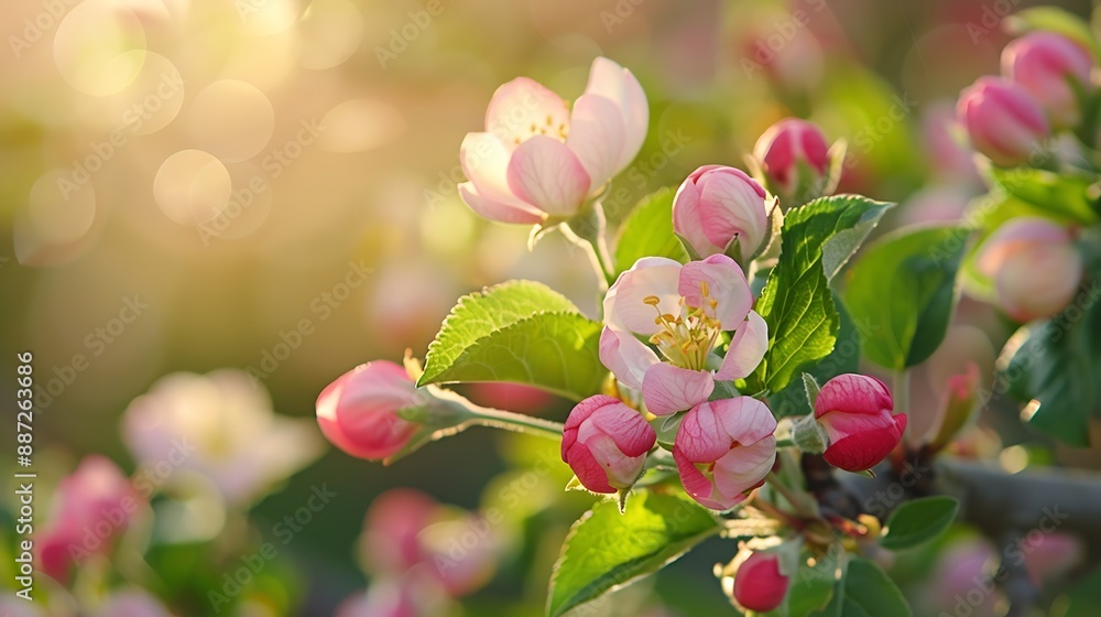 Poster apple flower buds in bloom signaling the arrival of spring the apple tree blossoms with the beauty o