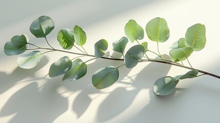 Obraz premium Green eucalyptus branch with beautiful shadows on empty light grey background Backdrop for product presentation Beauty cosmetic advertising display mockup Minimal still life Front view : Generative AI