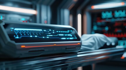 Naklejka premium Advanced medical equipment is displayed in a holographic showcase, futuristic with hologram, with copy space