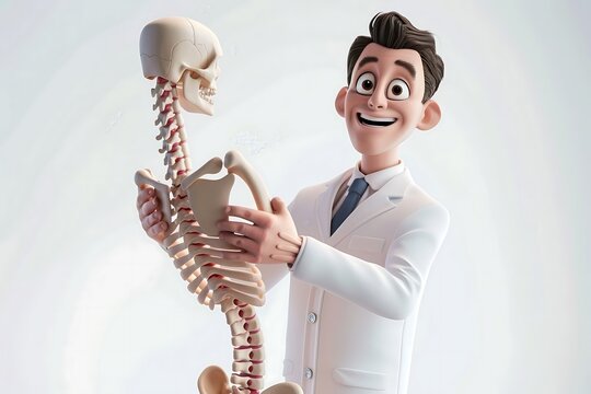 A 4D cartoon chiropractor with a model spine on a  74 2906 isolated, spine, human, white, animal, illustration, 3d, vector, metal, insect, bone, object, body, spinal 