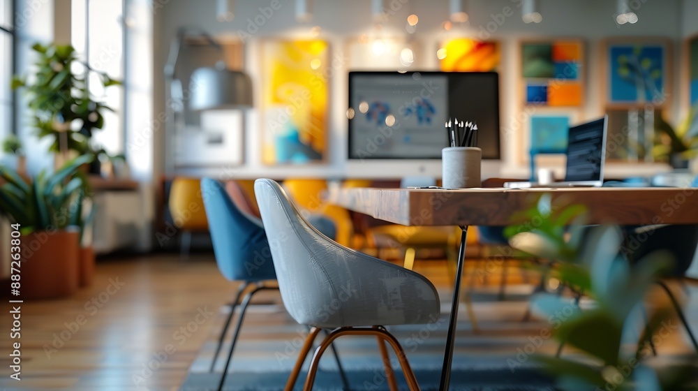 Poster empty conference room for team meetings in modern creative agency with art on walls and desks with c