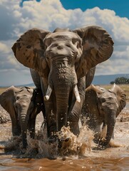 Fototapeta premium A_family_of_elephants_splashing_in_a_watering_hole_00045_02 elephant, animal, wildlife, mammal, safari, trunk, big, wild, nature, ivory, large, tusk, baby, kenya, tusks, park, elephants, pachyderm, ad