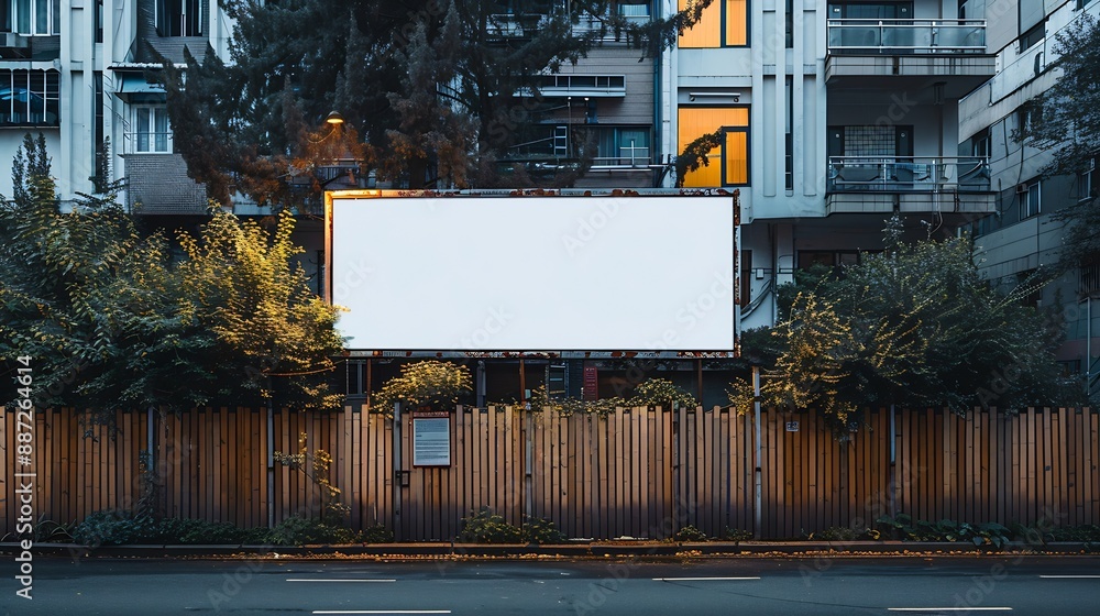 Aufkleber Advertisement blank long horizontal billboard with copy space for commercial info fixed on urban fence front view : Generative AI