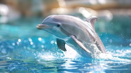 Naklejka premium A_friendly_dolphin_performing_tricks_for_a_crowd_a_00051_03 dolphin, water, sea, animal, mammal, blue, ocean, swimming, fish, marine, underwater, swim, pool, nature, wildlife, smile, aquatic, dolphins