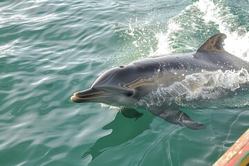 Fototapeta premium A_friendly_dolphin_swimming_alongside_a_boat_ar_32_00056_00 shark, fish, sea, water, underwater, dolphin, ocean, blue, animal, swimming, marine, reef, predator, nature, sharks, aquatic, diving, aquari