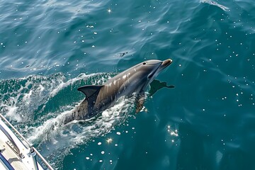 Fototapeta premium A_friendly_dolphin_swimming_alongside_a_boat_ar_32_00056_02 shark, sea, underwater, fish, dolphin, water, ocean, blue, animal, swimming, reef, marine, aquarium, nature, predator, grey, wildlife, divin