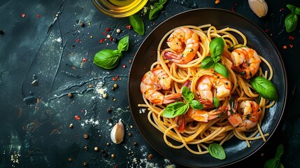 Tasty homemade spaghetti with shrimp olive oil and basil  This is healthy Italian food presenting from above : Generative AI