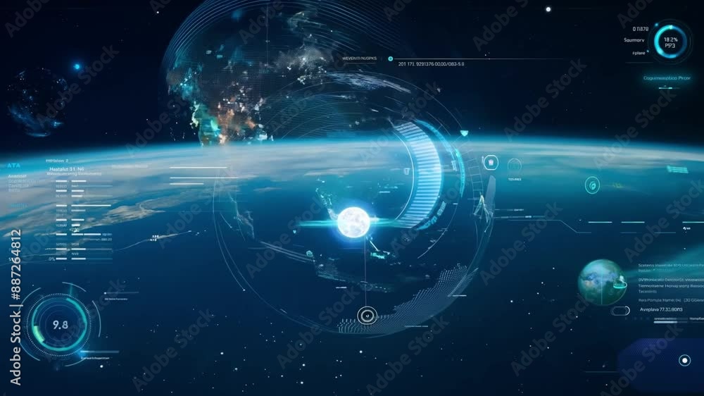 Poster a digital interface showing earth from space with data overlays and a blue and white color scheme.