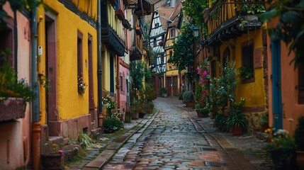 Riquewihr France Picturesque street with traditional half timbered houses on the Alsace Wine Route : Generative AI