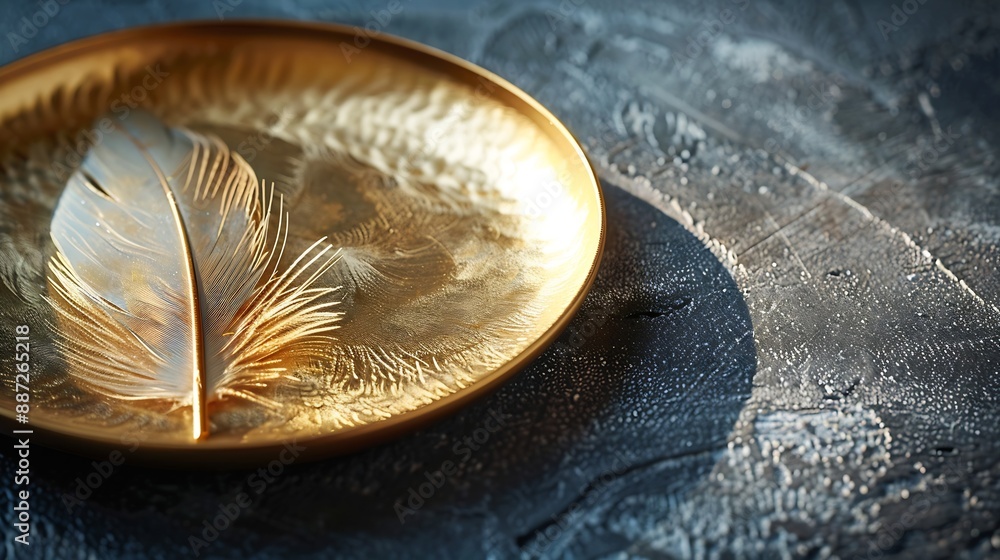 Poster a golden feather plate on the table a feather plate with a sharp shadow detail of kitchen utensils i