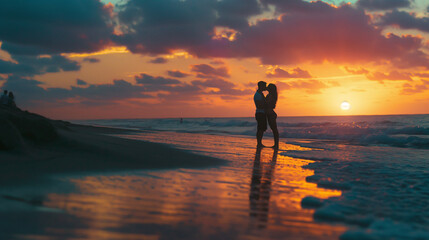 A romantic kiss at sunset on a beach, kiss, with copy space