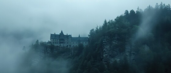 Fototapeta premium Mysterious foggy castle nestled among dense, mist-covered trees and rocky cliffs, creating an eerie and captivating landscape.