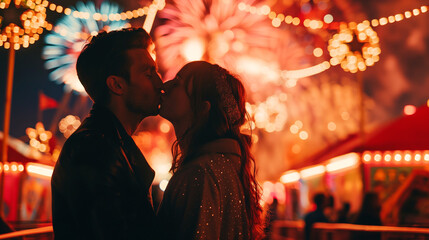 Fototapeta premium A kiss on the lips at a carnival with fireworks in the background, kiss, with copy space