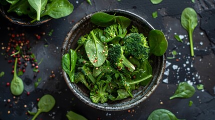 Fresh broccoli with spinach in bowl on wooden table close up. 