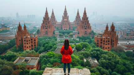 Obraz premium Traveler admiring the view of ancient red buildings surrounded by lush greenery, capturing the essence of historic architecture and exploration.