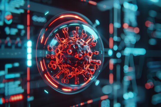 Herpes virus activity is monitored through a holographic screen, futuristic with hologram, with copy space