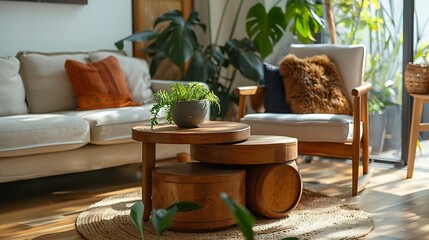 Wooden nesting tables near houseplant and armchair in room Interior design : Generative AI