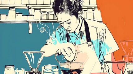 Barista line art 2 colors 355 woman, doctor, people, laboratory, medicine, scientist, science,...