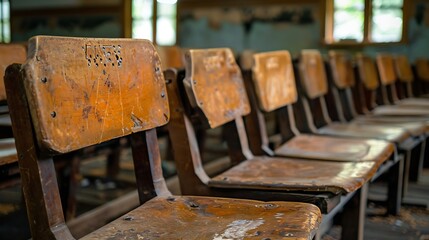 selective soft and blur focusold wooden row lecture chairs in classroom in poor schoolstudy room without studentconcept for education in Third world : Generative AI