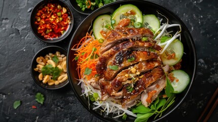 Fototapeta premium Namtok Moo in midtoss, with grilled pork, herbs, and spicy dressing creating a vibrant and aromatic burst