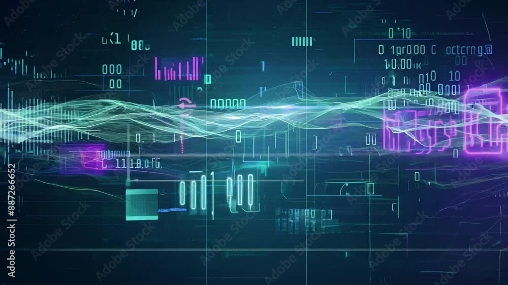 Poster a digital waveform abstractly rendered in cyan and purple colors, overlayed with binary code and dat