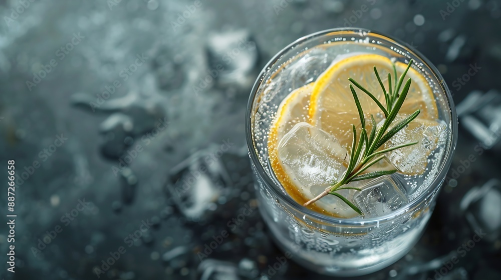 Poster gintonic cocktail with ice lemon slices and rosemary refreshing drink on a dark background copy spac